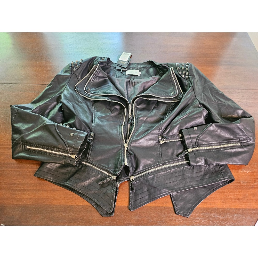 Fashion SX PU Leather Jacket Womens L Black Studded Punk Motorbike Moto Zip